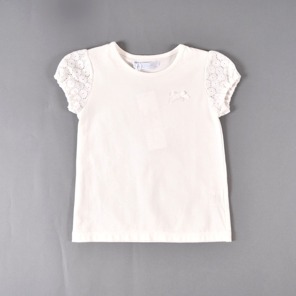 日本製 レース パフスリーブ リボン シンプル フェミニン 半袖 Tシャツ (80cm~100cm) ネイビー 100cm