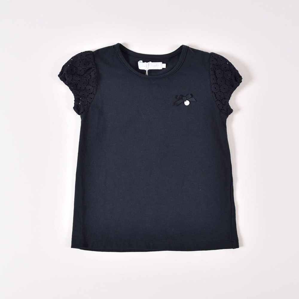 日本製 レース パフスリーブ リボン シンプル フェミニン 半袖 Tシャツ (110cm~130cm) オフホワイト 110cm