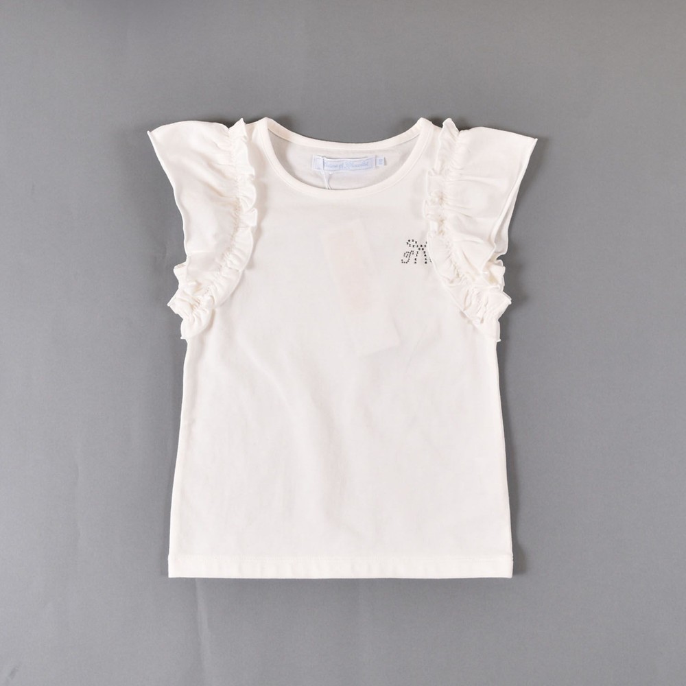 TCロゴ ラインストーン フェミニン シンプル 無地 フリル 半袖 Tシャツ (90cm~100cm) オフホワイト 100cm