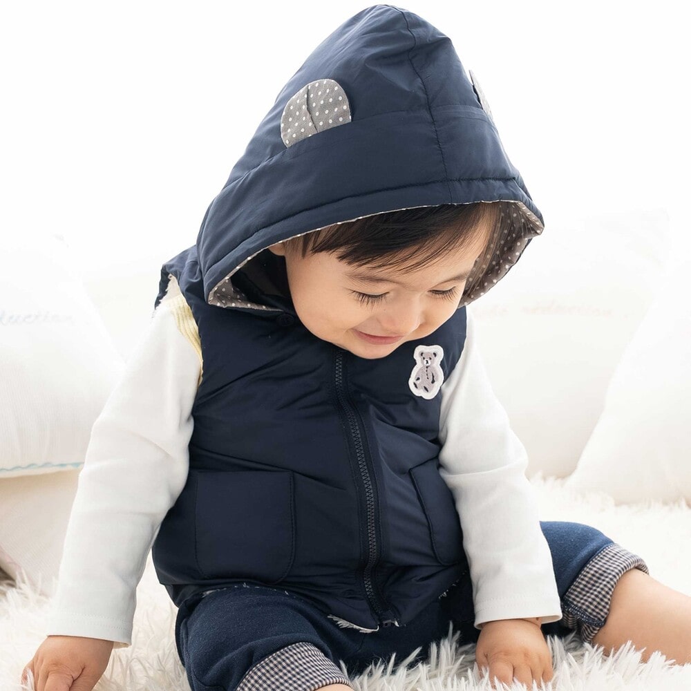【 撥水加工 】タフタ ルウちゃんくま耳フードベストベビー(60~90cm) ネイビー ワンサイズ(60-90cm)