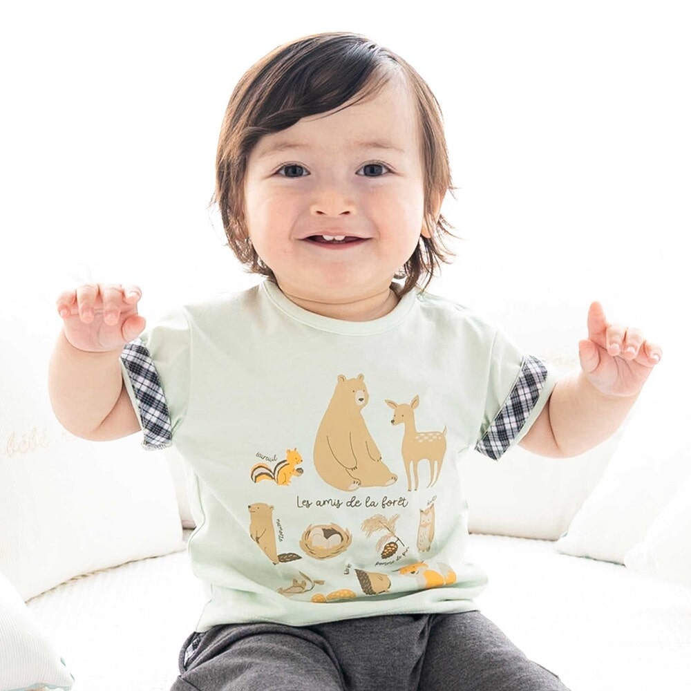 【お揃い】森のどうぶつプリント半袖Tシャツ(70~90cm) グリーン S(70-80cm)