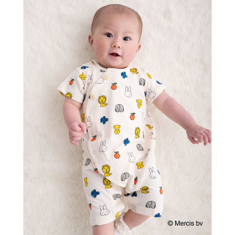 【miffy×bebe reduction コラボアイテム】ミッフィー 動物 総柄 半袖 カバーオール (70~90cm) オフホワイト系 70cm