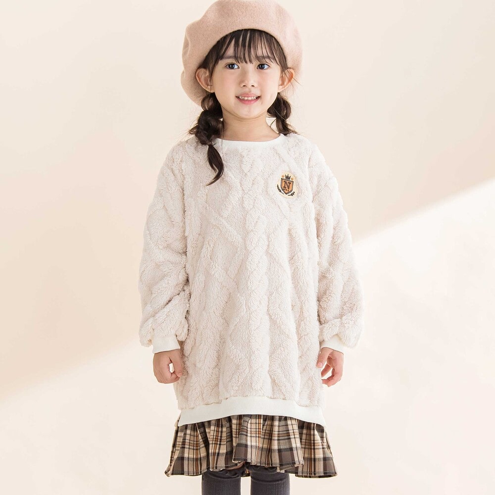 【お揃い】ケーブルボアxタータンチェックワンピース(80~130cm) オフホワイト 80cm