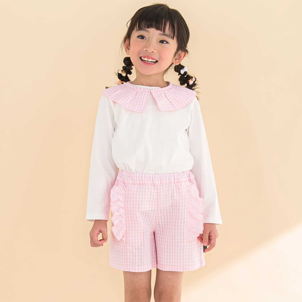 【お揃い】ギンガムチェック付け襟Tシャツ+パンツセット(80~130cm) ピンク系 80cm