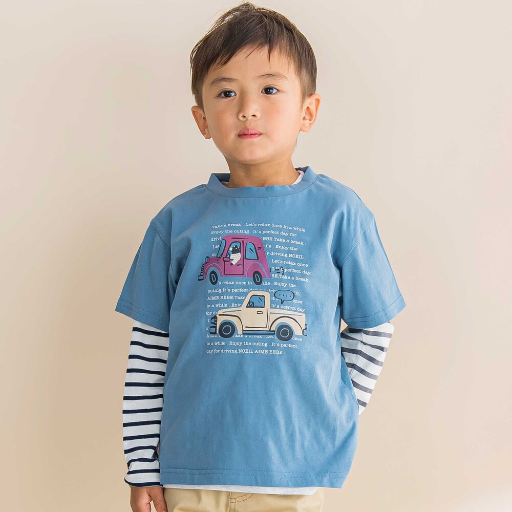 車プリント天竺半袖Tシャツ+ボーダー柄長袖Tシャツセット(80~130cm) ブルー系 80cm