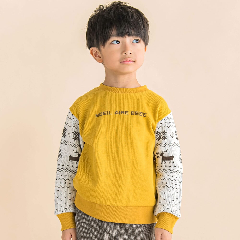 【お揃い】起毛トナカイ柄袖切り替えトレーナー(80~130cm) イエロー 80cm