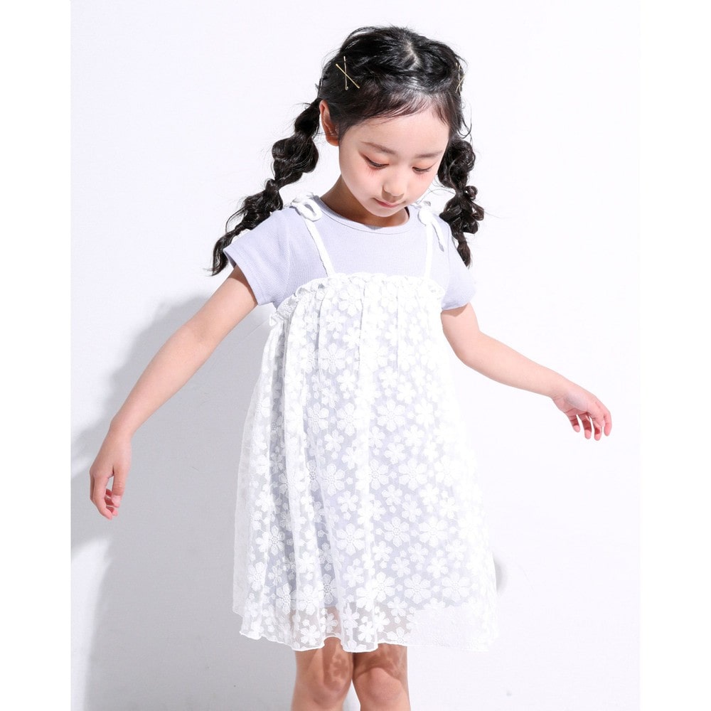 花柄 チュール ドッキング ワンピース (80~130cm) オフホワイト 130cm