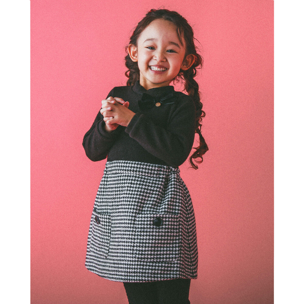 千鳥 柄 チェック 柄 ドッキング ワンピース (80~130cm) ブラック 90cm