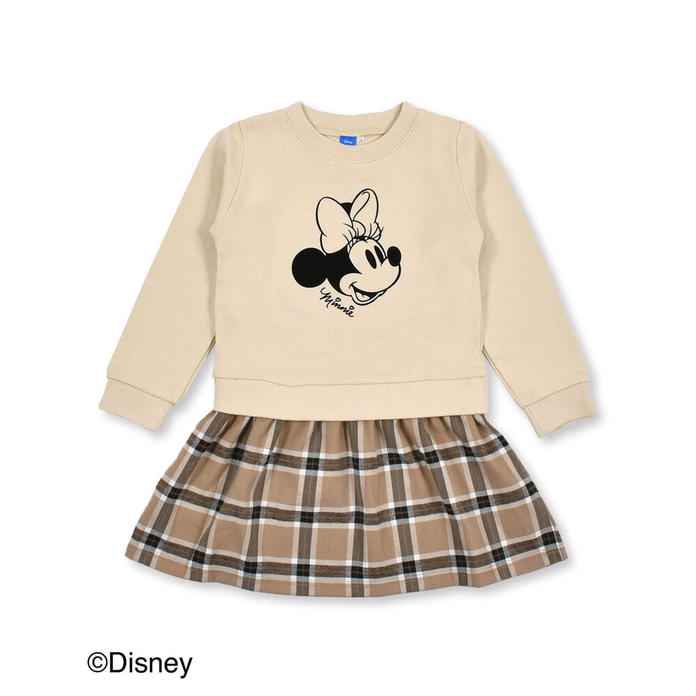 【 Disney 】 ミニーマウス チェック 柄 フェイク ワンピース (80~130cm) ベージュ 100cm