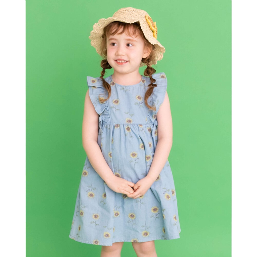 【 お揃い 】 ひまわり 総柄 デニム 布帛 ワンピース (80~130cm) ブルー系 90cm