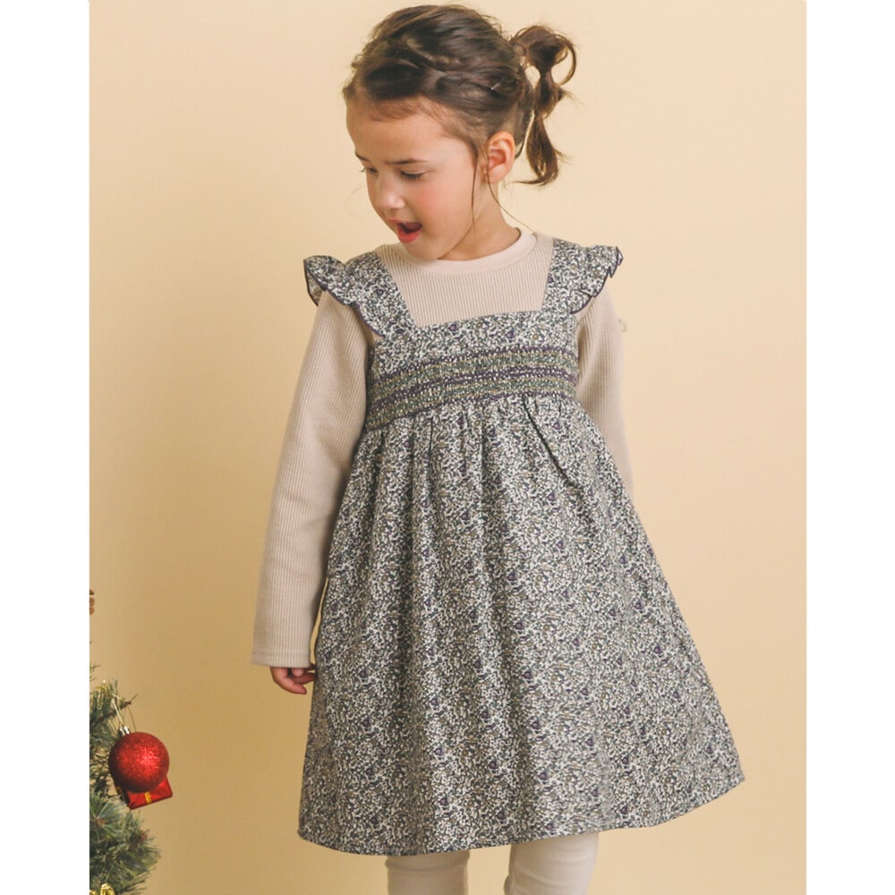 【 お揃い 】 花柄 プリント スモッキング 刺繍 ドッキング Wフェイス ワンピース (80~130cm) グリーン系 110cm