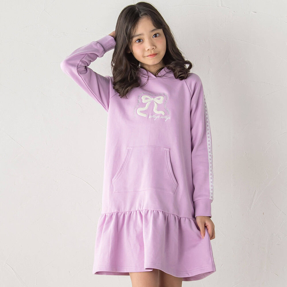 レーステープ袖ラインフード付きワンピース(90~140cm) パープル 90cm