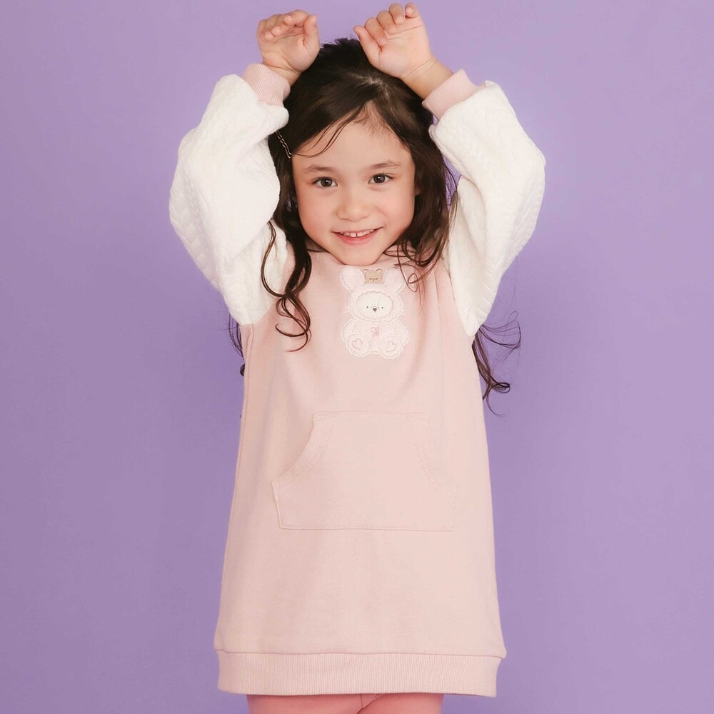 ウサギネコアニマルふわふわパッチ刺しゅう袖切り替えフーディーワンピース(80~130cm) ピンク(ウサギ) 80cm