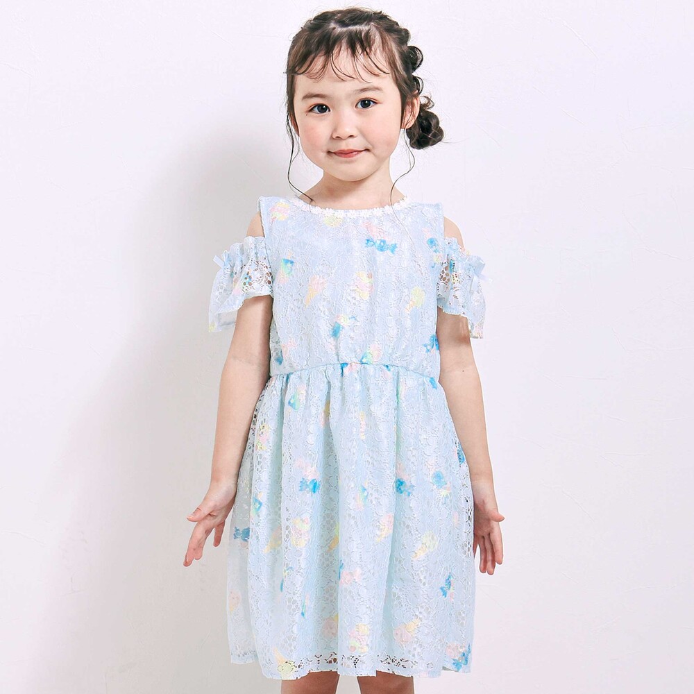 【お揃い】花柄レースアイス総柄肩明きワンピース(90~130cm) ブルー系 90cm