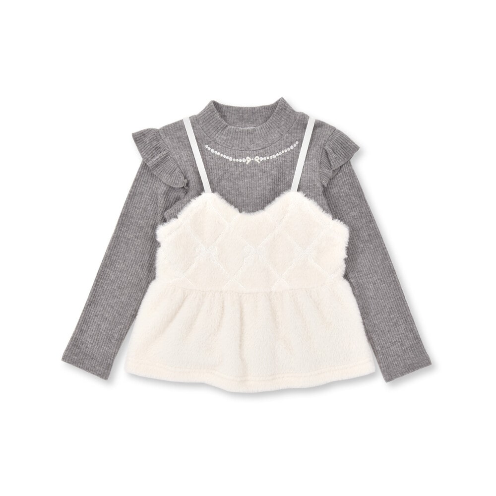 ラメ花キルトファーキャミソール+キラキラネックレス風プリント肩フリルトップス(80~140cm) グレー 80cm