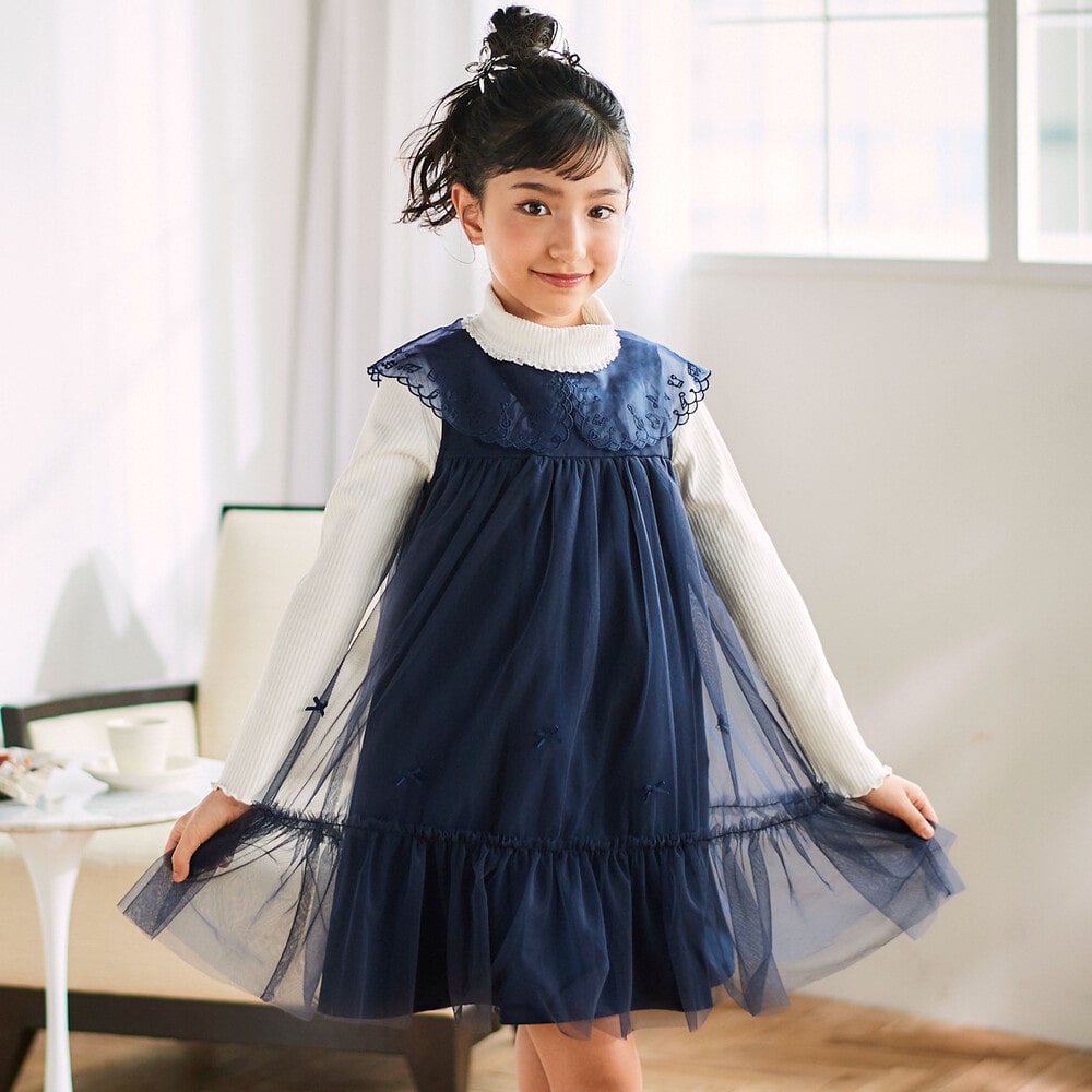 ハート音符刺しゅうオーガンジービッグカラーワンピース(80~130cm) ネイビー 80cm