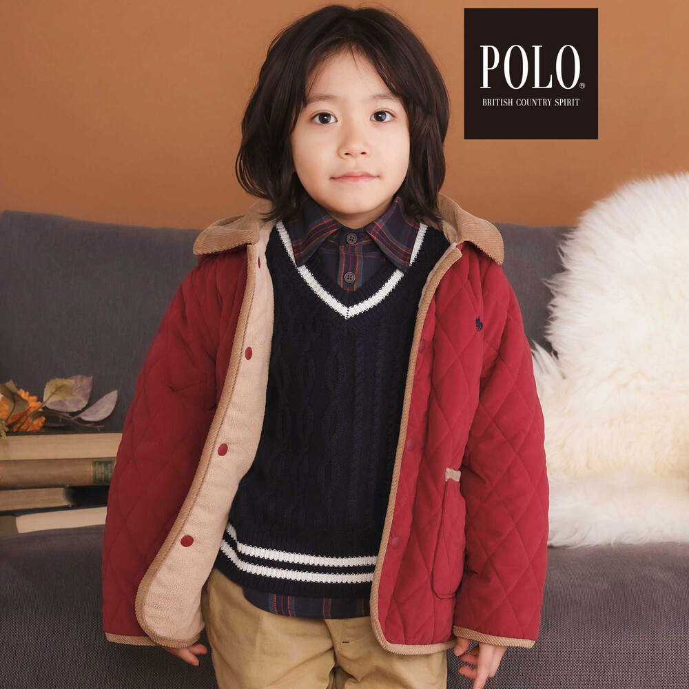 【POLO BCS(ポロ・ビーシーエス)×SLAP SLIPコラボ】無地チェック取り外しフード&襟付きキルティングジャケット(80~130cm) レッド 80cm