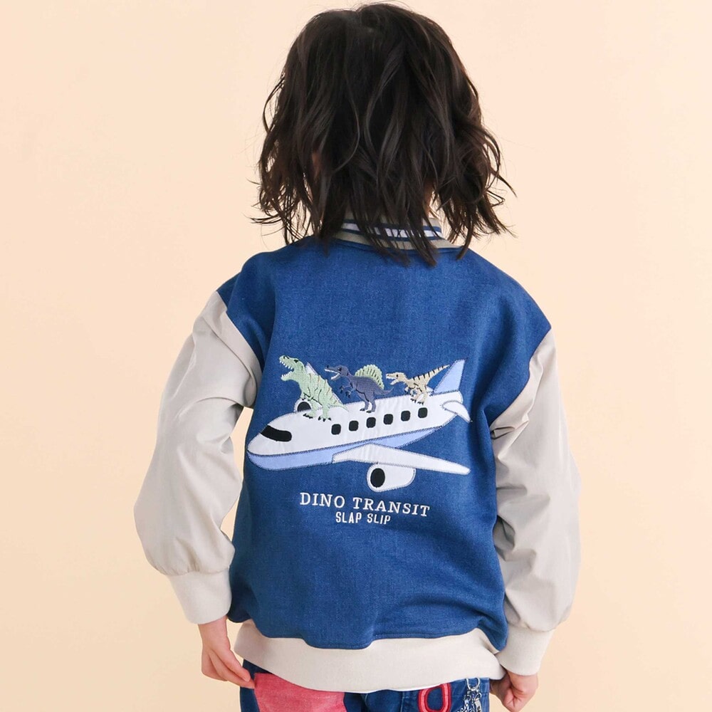 恐竜ロゴ刺しゅうデニム風ニットスタジャン(90~130cm) ブルー 90cm