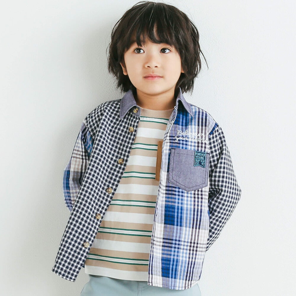 【お揃い】チェックストライプ柄切り替えシャツ(80~130cm) ネイビー系 80cm