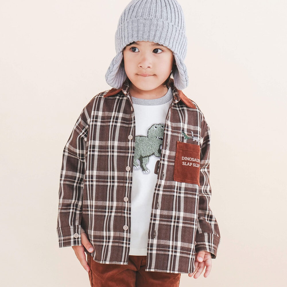 【お揃い】配色コールテン襟付チェック柄シャツ(80~130cm) ブラウン系 80cm