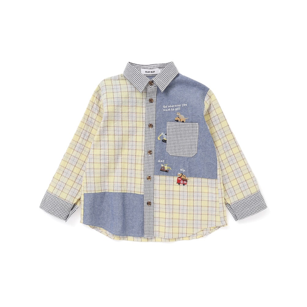 【お揃い】チェックダンガリー切り替え襟付きシャツ(80~130cm) イエロー系 80cm