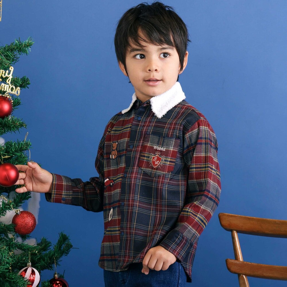 【お揃い】もこもこボア襟切り替えチェックシャツ(90~130cm) ネイビー×レッド系 90cm