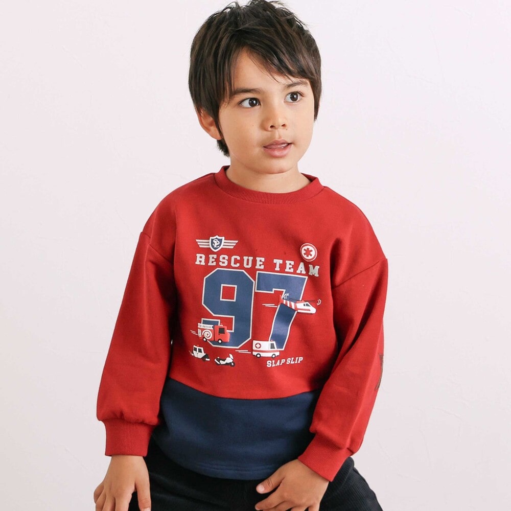 はたらくくるま発泡プリント星パッチナンバリングバイカラートレーナー(80~130cm) レッド×ネイビー 80cm