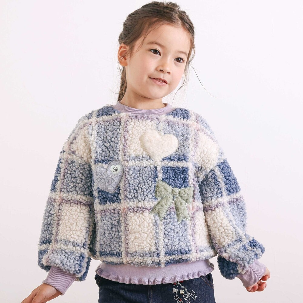 ハートリボンキラキラボアパッチもこもこチェックトレーナー(80~130cm) ブルー系 80cm