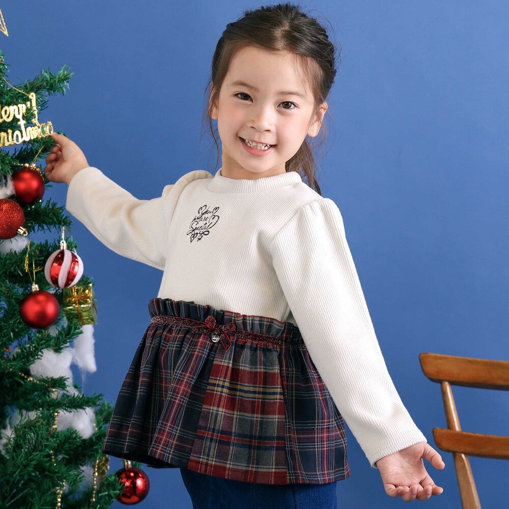 【お揃い】ハートいっぱい刺しゅうモチーフ切り替えチェックドッキングトレーナー(80~130cm) オフホワイト 80cm