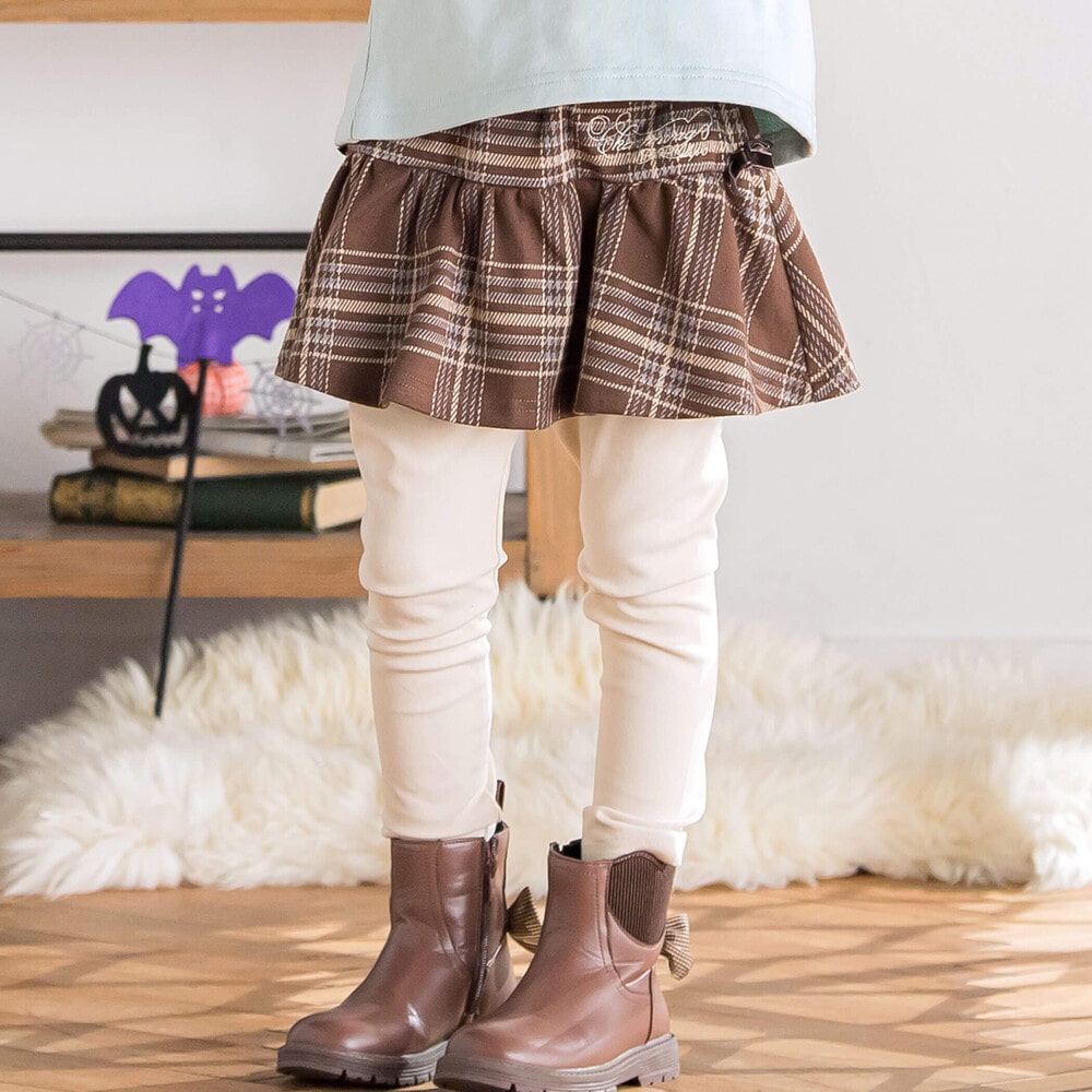 サイドリボンチェックスカッツ(80~130cm)(80cm ブラウン系): ボトム  