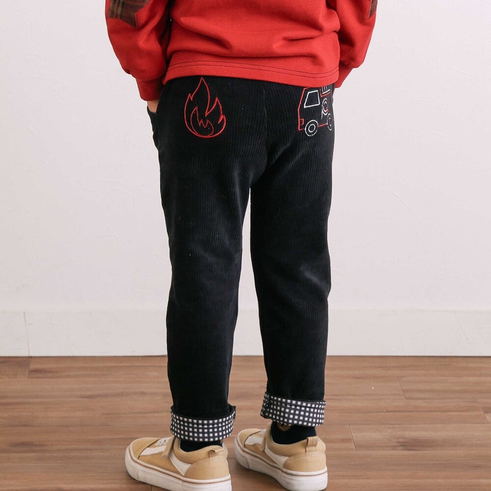 消防車恐竜おしりパッチ折り返し裾チェックロングパンツ(80~130cm) ブラック 80cm