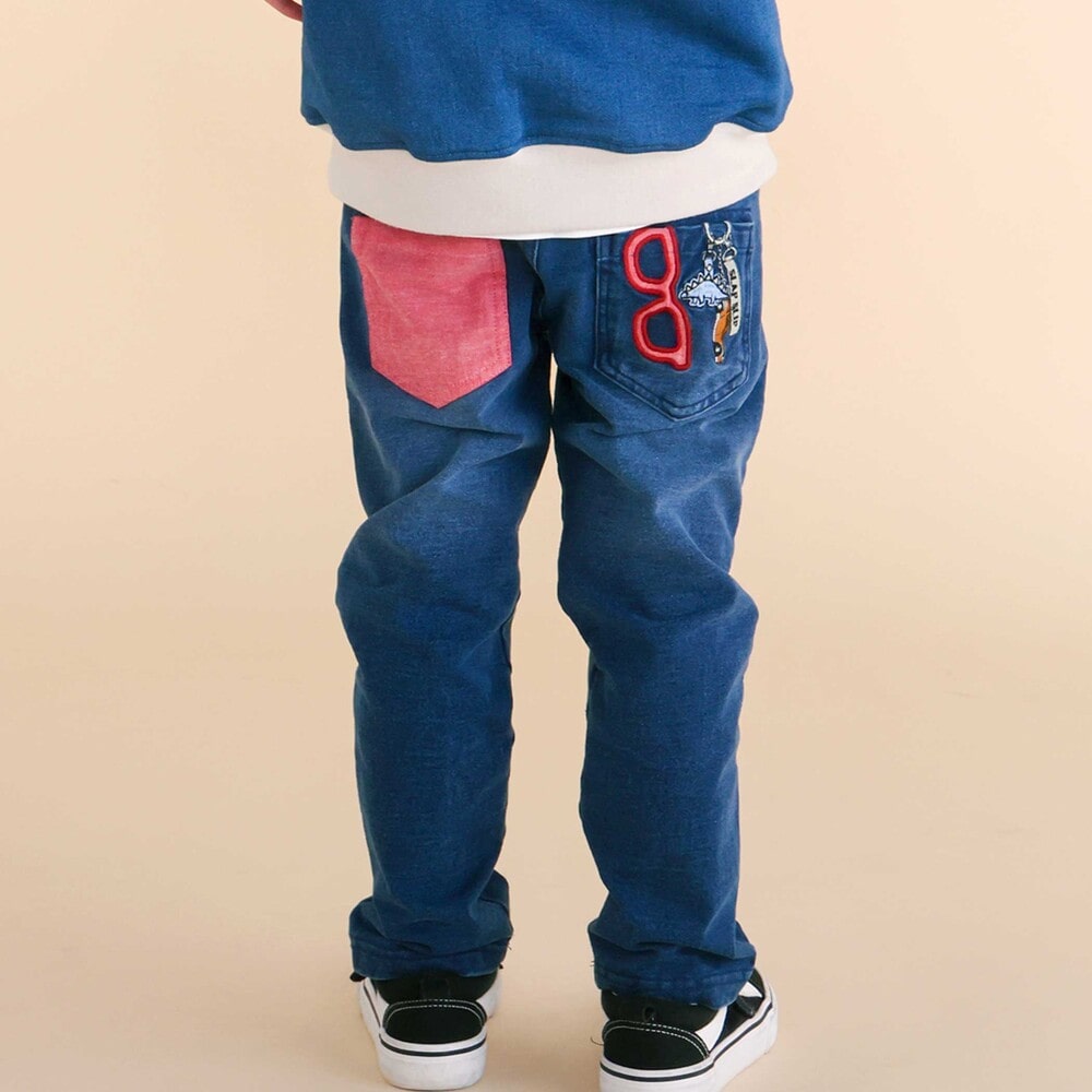 恐竜くるまキーチェーン刺しゅうデニムニットパンツ(80~130cm) ネイビー 80cm