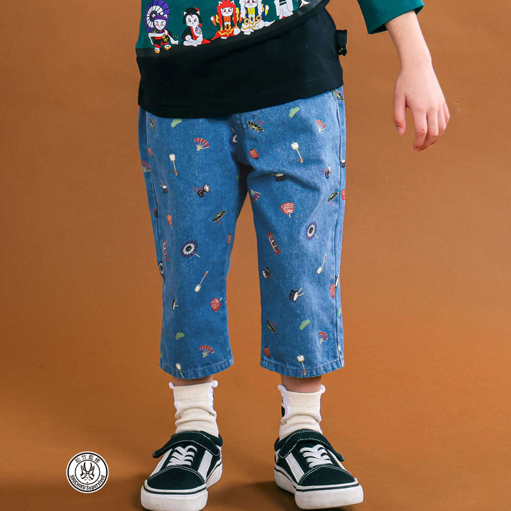 【歌舞伎コラボ】総柄7分丈デニムパンツ(80~130cm) ブルー系 80cm