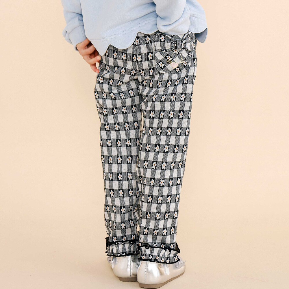モチーフ総柄チェックパンツ(80~120cm) ブラック系(花柄) 80cm