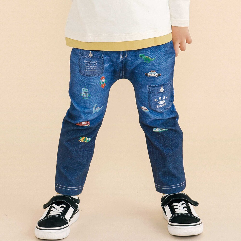 モチーフプリントパンツ(80~120cm) ネイビー系(くるま、恐竜) 80cm