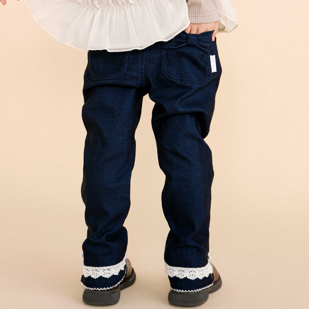 裾レース&リボンストレッチツイルロングパンツ(90~130cm) ネイビー 90cm