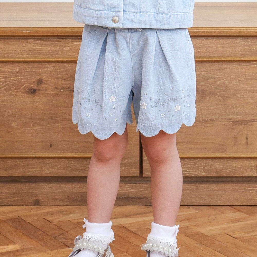 キラキラプリント裾スカラップリボン付きショートパンツ(90~130cm) ブルー 90cm