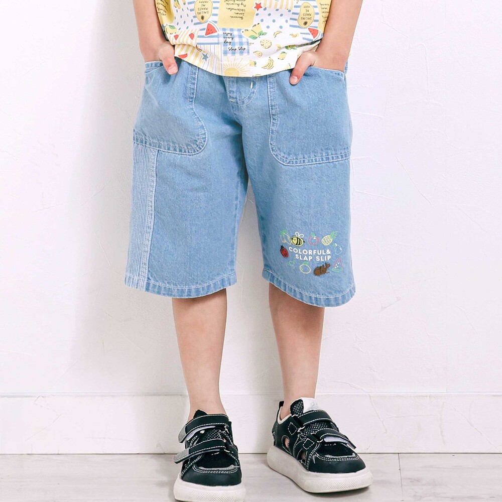 フルーツ昆虫パッチストライプ切り替え5.5分丈デニムパンツ(80~130cm) ブルー 80cm