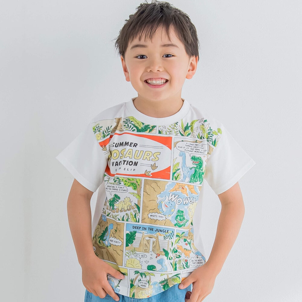 恐竜コミックプリント半袖Tシャツ(80~130cm)(90cm ホワイト): トップス