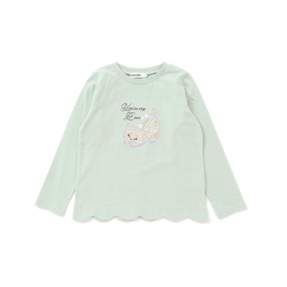 裾スカラップアニマルクマネコウサギパッチ刺しゅうTシャツ(80~130cm) グリーン(ネコ) 80cm