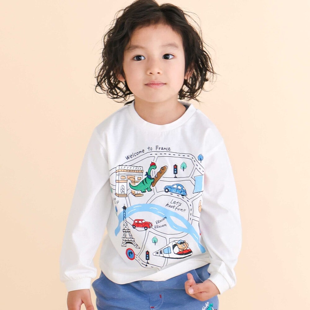 ロードマッププリント天竺長袖Tシャツ(80~130cm) オフホワイト 120cm