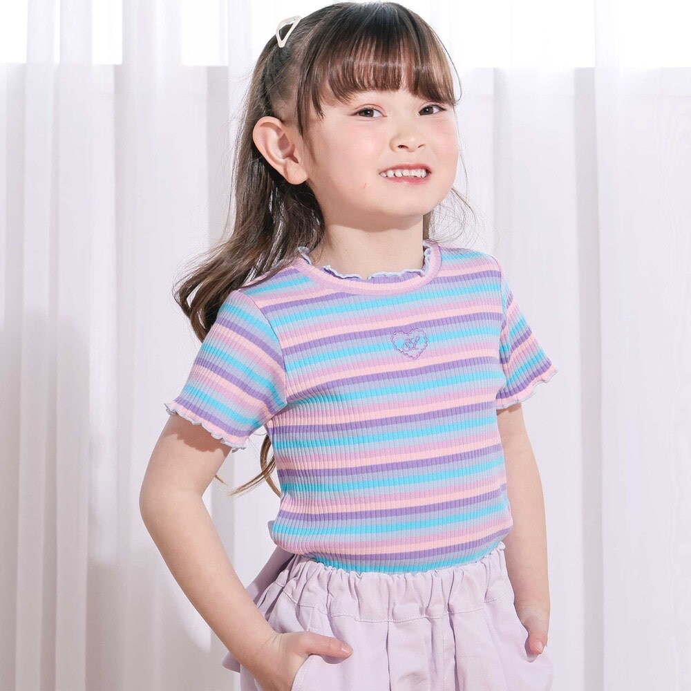 ボーダー&花柄テレコ半袖Tシャツ(80~130cm) パープル系 80cm