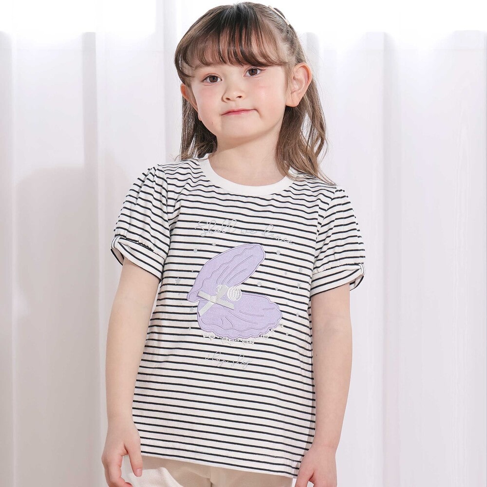 【お揃い】モチーフパッチ刺しゅうリボンスリーブ半袖Tシャツ(80~130cm) ブラック系 80cm