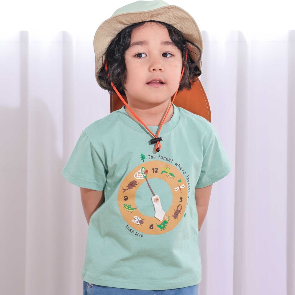 はたらくくるま&昆虫時計天竺半袖Tシャツ(80~130cm) グリーン 80cm