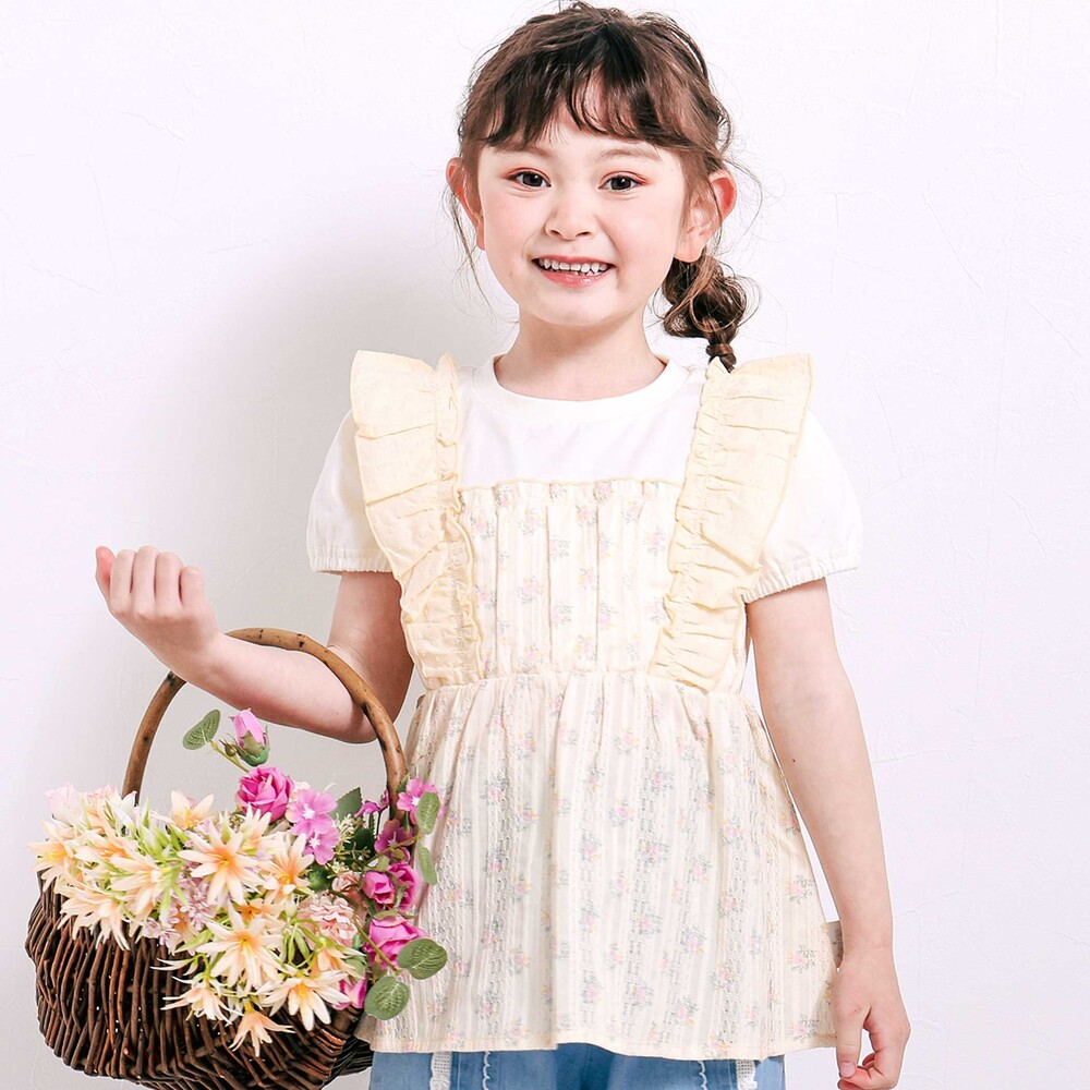 肩フリル花柄レースドッキング半袖Tシャツ(80~130cm) イエロー系 80cm