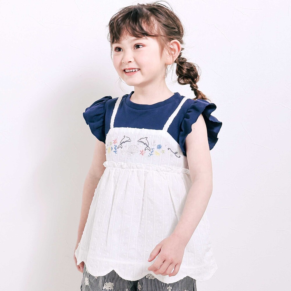 【お揃い】スカラップキャミストライプ&ドビー半袖Tシャツ(80~130cm) ネイビー 80cm