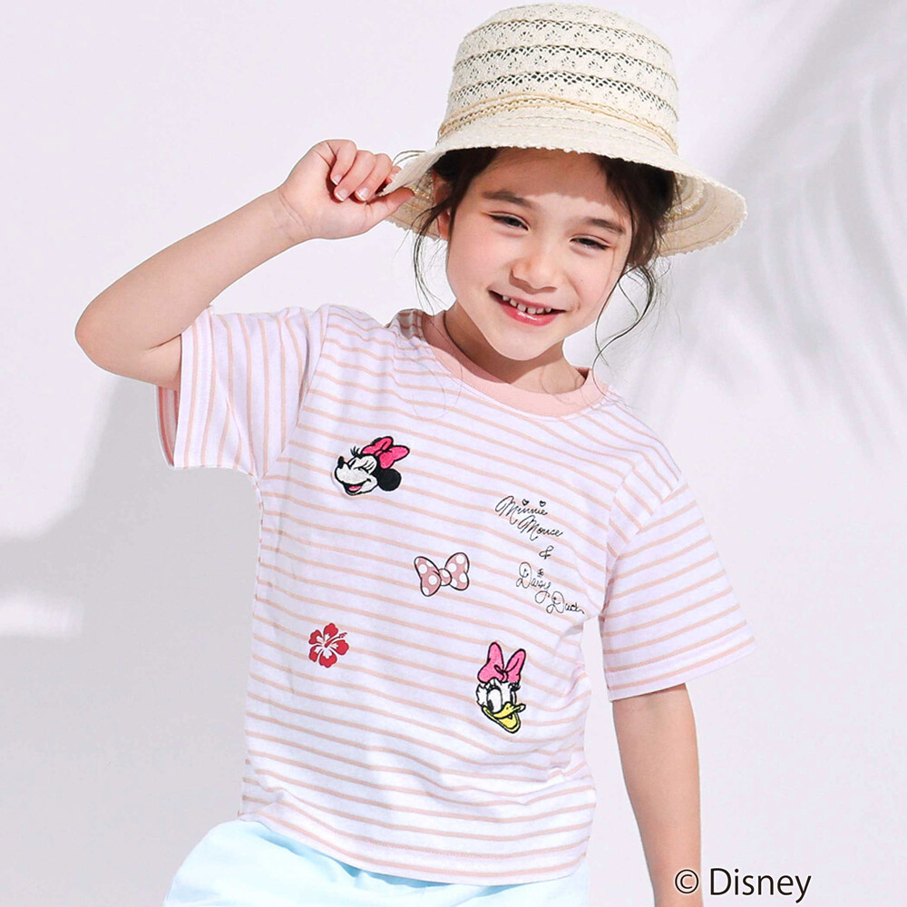【ディズニーコレクション】キャラクター刺しゅうボーダー半袖Tシャツ(80~130cm) ピンク系 80cm