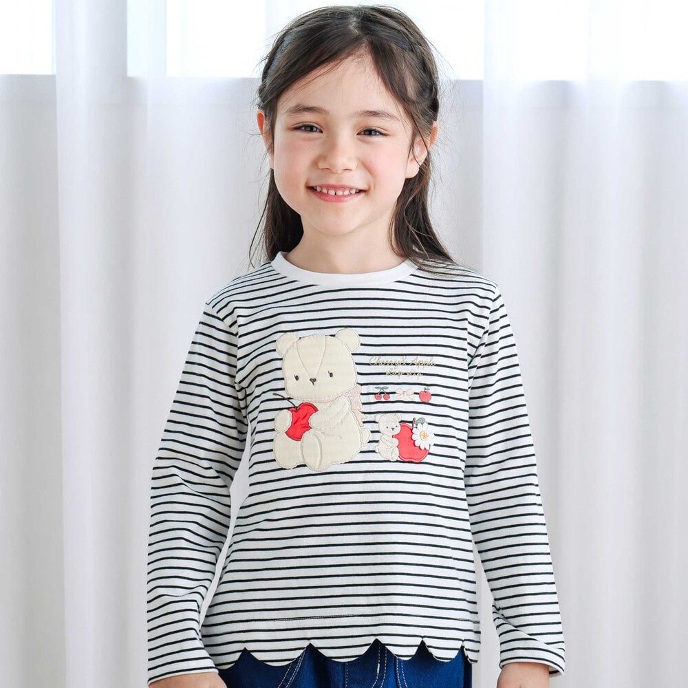 裾スカラップウサギクマネコモチーフ長袖Tシャツ(80~130cm) ブラック系 80cm