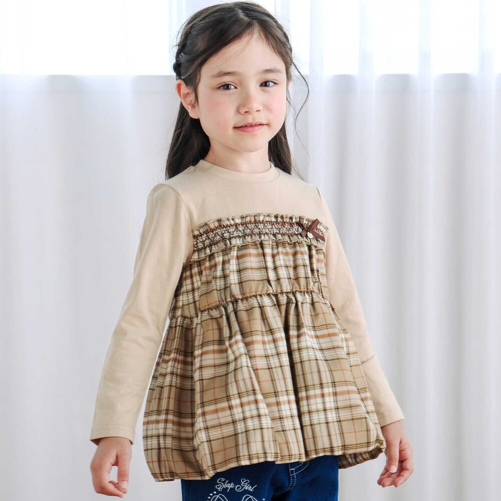 【お揃い】チェックドッキング長袖Tシャツ(80~130cm) ベージュ系 80cm