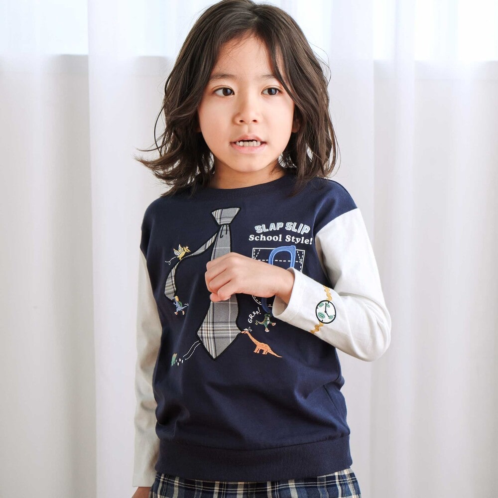 ネクタイメガネパッチ袖切り替え長袖Tシャツ(80~130cm) ネイビー 80cm